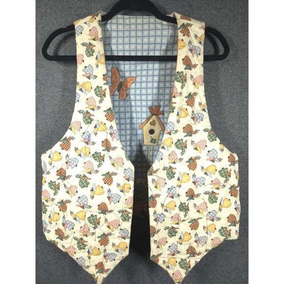 VTG 90s Quilted Reversible Vest Gardening Angel Cat Herb Garden‎ Folk Art L - Picture 7 of 10